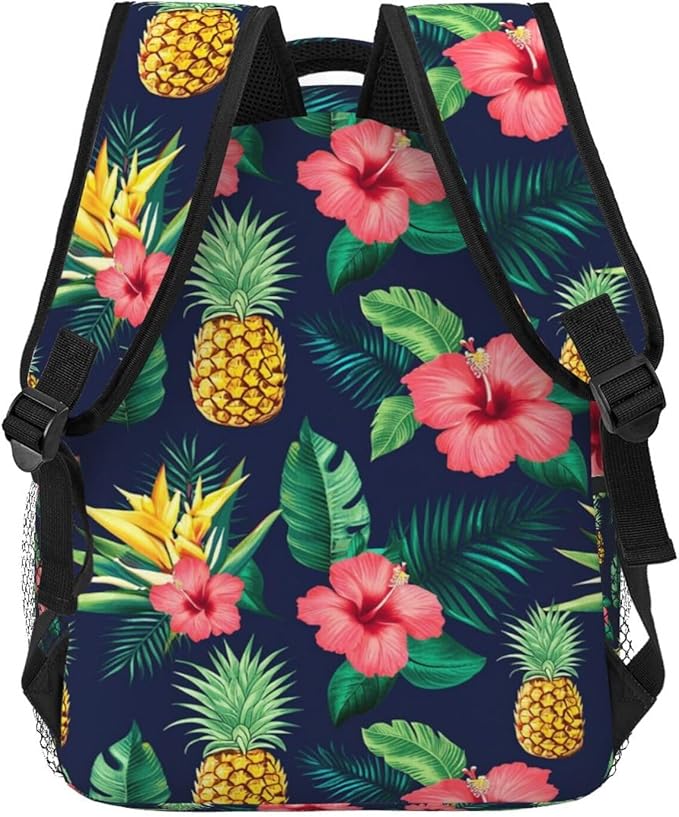Rucksack Anti-Theft Multipurpose Big Capacity Carry On Bag, Hawaiian Flower Party Pineapple Art Traveling Camping Backpack With Side Pockets