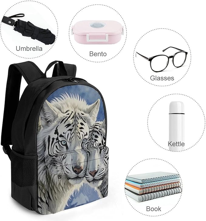 Supdreamc Rucksack Multipurpose Anti-Theft Big Capacity Shoulder Bag, White Tiger Love Travel Hiking Camping Rucksack With Side Pockets