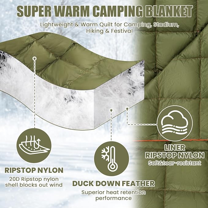 Hooded Down Camping Blanket Waterproof 650 Fill Puffy Poncho Blanket 77" x 50" Packable Wearable Sleeping Bag with Detachable Hat Outdoor Stadium Camping Cold Weather, 1.36 lb(Olive Green)