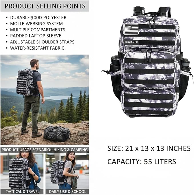 Military Tactical Backpack 55L for Men & Women Bug Out Bag Assault pack Molle Daypack Hiking Trekking Rucksack (Black and white tie dye)