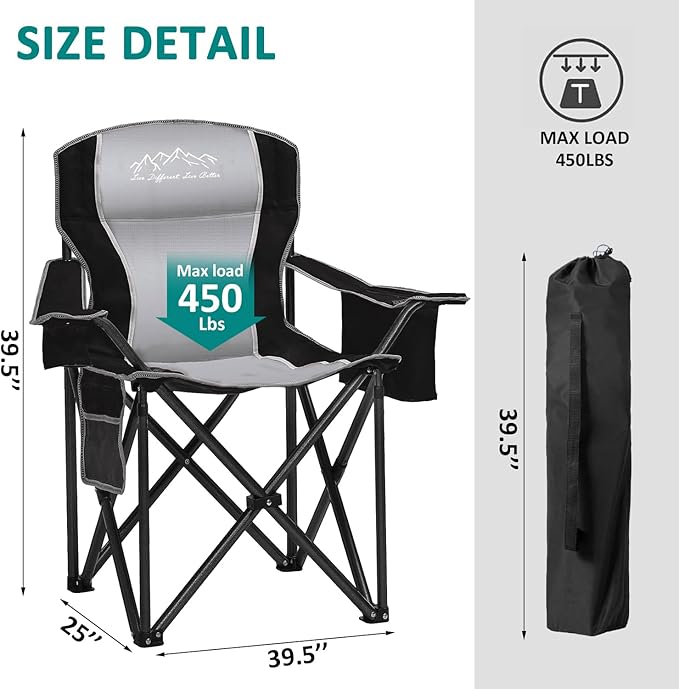 Camping Chair with Cooler Bag, Cup Holder, Storage Pocket, Heavy Duty 450lbs Capacity with Large Anti-Sink Feet, Portable Folding Padded Chair for Outdoor, Beach, Fishing, Sports, Black