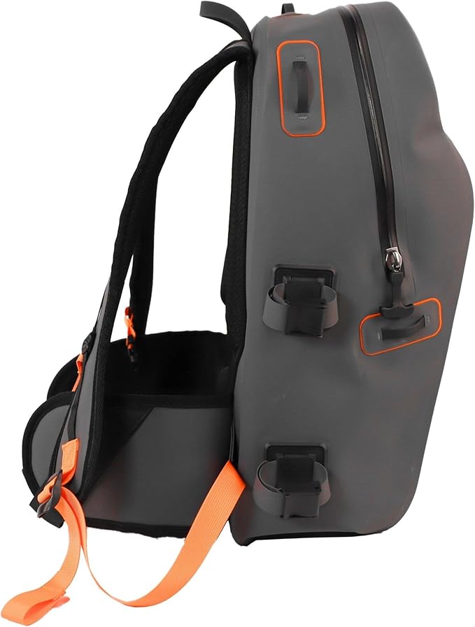 YakAttack 28L DryPak Waterproof Backpack with 2 Attachable Fishing Rod Holders – Grey/Orange | Floating Marine Dry Bag Pack with Padded Straps | Lightweight Hiking & Kayaking Gear & Storage Drybag