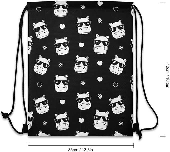 Swimming Drawstring Sack Waterproof Gym Backpack for Beach Sports Yoga Gear, Lightweight Unisex, Hippo Hippopotamus Wearing Sunglasses Bags