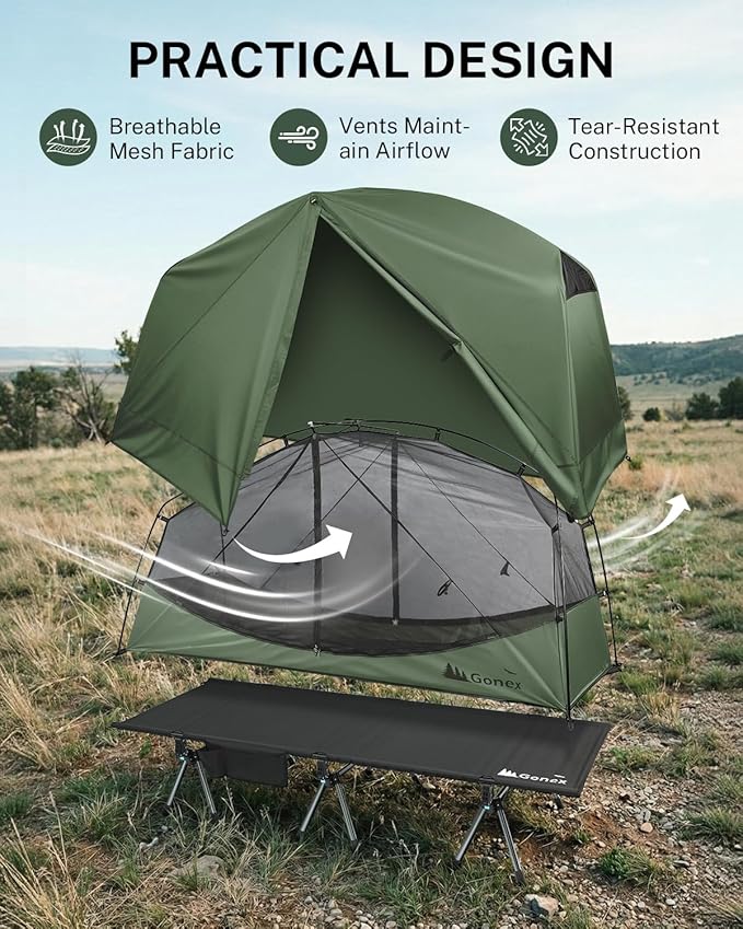 Gonex Camping Tent Cot for Adults, 1-Person Off-Ground Folding Portable Easy Set-up Tent Cot Combo Supports 350lbs for Hiking, Backpacking, Car & Motorcycle Camping(31.5" W X 78.7" L)-Army Green