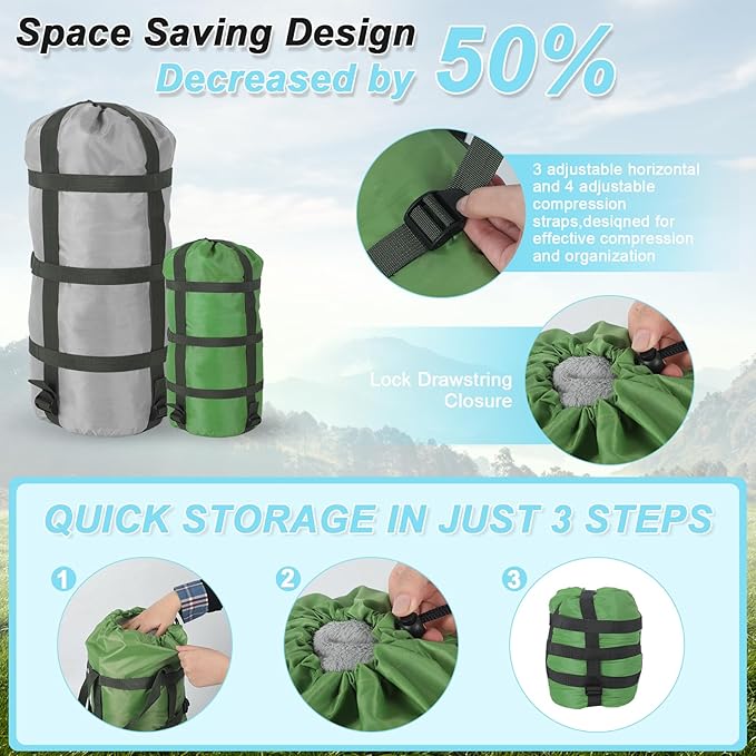 Compression Sacks for Sleeping Bag Stuff Sack Adjustable Sleeping Bag Compression Stuff Sack 6L + 15L +18L + 30L + 45L+52L Space Saving for Backpacking Hiking Camping Outdoor and Travel Storage