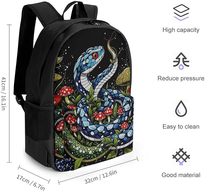 Men Women Polyester Trippy Mushroom Snake Art Daypack Big Capacity Shoulder Bag With Smooth Zippers for Hiking Work Walking Cycling