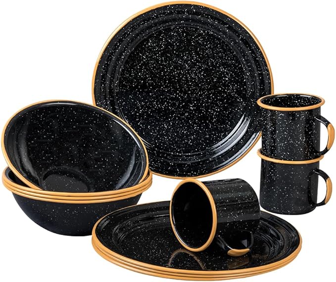 Granite Ware 12-Piece Outdoor Set, Enameled Steel, Perfect for Camping & Picnics - Speckled Black with Color Rim