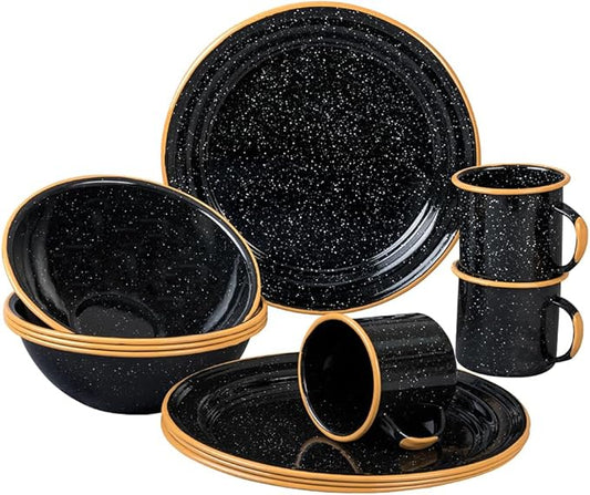 Granite Ware 12-Piece Outdoor Set, Enameled Steel, Perfect for Camping & Picnics - Speckled Black with Color Rim