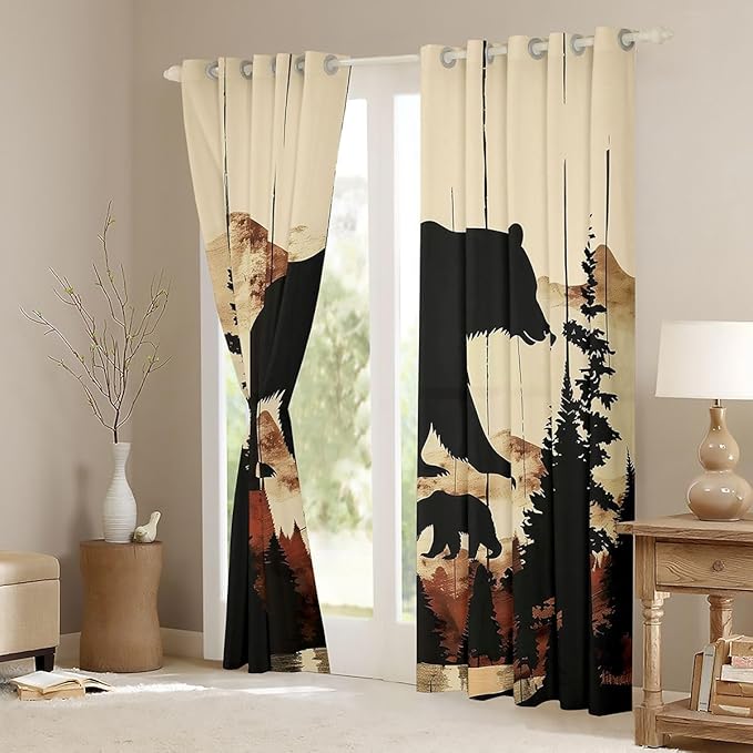 jejeloiu Bear Silhouette Mountain Curtains for Bedroom Living Room Rustic Wood Bear Pine Tree Pattern 30%-50% Blackout Darkening Drapes Pine Tree Window Treatments, 2 Panels 52 x 96 Inch Wildlife Room