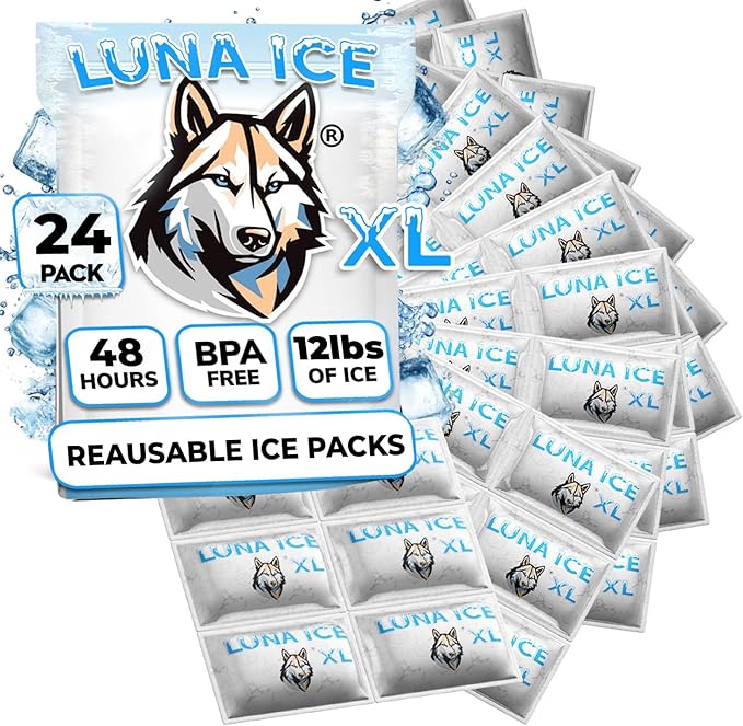 LUNA ICE Dry Ice Packs for Shipping XL - Long lasting ice packs - 24+ Hour Freeze Power - BPA Free - 24 Pack Bulk 12 lb – Hielo Seco - Reusable Gel Bricks for Food
