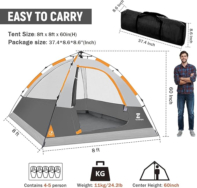 EZ-Sport Pop Up Camping Tent - 4 Person Instant Easy Set Up Family Tent with Removable Rain Fly, Waterproof Windproof Automatic Tent for Outdoor Camping Hiking Backpacking Traveling