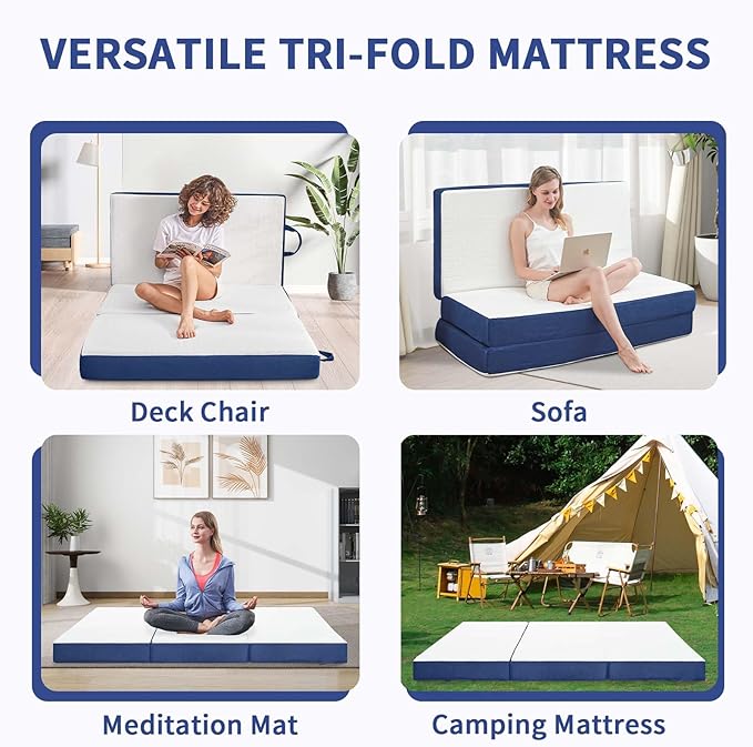 Folding Mattress Twin, 4 Inch Memory Foam Tri-Fold Floor Bed and Futon , Twin Topper with Breathable & Washable Cover, Lightweight Foldable Mattress for Guest Bed,Office Nap,Camping (38" x 75" x 4")