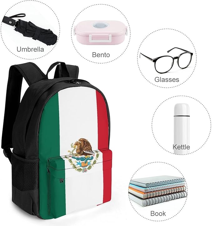 Daypack Backpack Anti-Theft Multipurpose Big Capacity Bookbag, Mexican Mexico Flag Business Computer Bag With Side Pockets