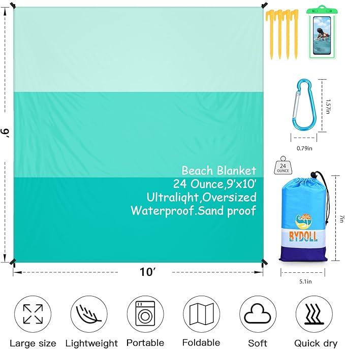 BYDOLL Beach Blanket Waterproof Sandproof Large 78''×81''/10'×9' Sand Free Oversized Sandless Picnic Mat Water Proof Packable Lightweight Blanket for Beach Camping Hiking Travel