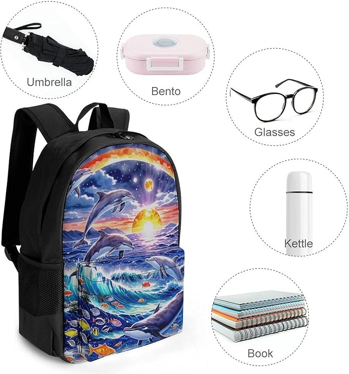 Supdreamc Polyester Daypack Bookbag for Gym Business Bicycle, Large Capacity Multipurpose Anti-Theft Carry On Bag, Dolphin Underwater World Rainbow Travel Hiking Daypack