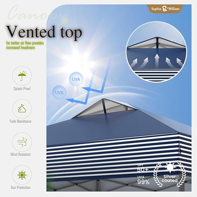 Sophia & William Canopy Tent Pop Up 10x10 ft One Person Push Set Up Tent, Outdoor Canopies Shelter Heavy Duty Straight Legs with 4 Sandbags & Guy Ropes, 1 Roller Bag & Storage Bag, 8 Stakes UPF50+
