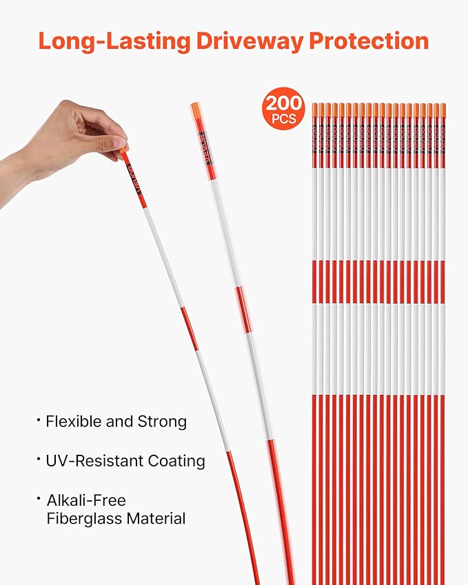 VEVOR Driveway Markers, 200Pcs 48 in Long 1/4 in Dia, Hi-Visibility Driveway Reflectors with 12 in Steel Drill Bits, Reflective Snow Sticks Fiberglass Pole for Parking Lots, Walkways, Snow Plowing