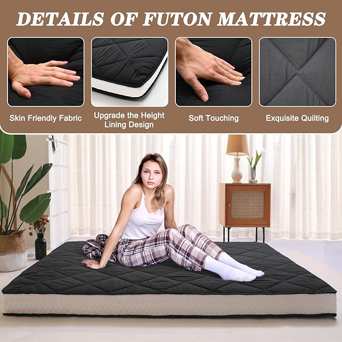 DoCred Queen Size Futon Mattress, Extra Thick Foldable Japanese Floor Mattress Memory Foam Sleeping Pad for Adults, Roll Up Mattress Tatami Mat Breathable Floor Lounger Guest Bed
