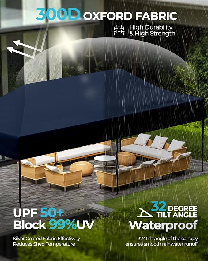 10x20 Pop Up Canopy Tent with Roller Bag, Easy Set Up, Waterproof Commercial Shelter, 6 Stakes & 6Sandbags & 6 Ropes, Silver Coated Top, Navy Blue