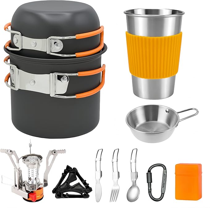 Camping Cookware Mess Kit, Non-Stick Lightweight Camping Pots and Pans with Kettle, Stainless Steel Cups Plates Forks Knives Spoons for Backpacking, Hiking, Outdoor Cooking