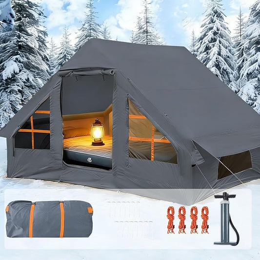 Inflatable Tents with Hand Pump Hot Tent with Stove Jack Easy Blow Up Glamping Tent with Mesh Windows, 4-6 Person Instant Family Camping Tents Waterproof for 4 Seasons