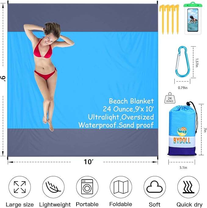 BYDOLL Beach Blanket Waterproof Sandproof Large 78''×81''/10'×9' Sand Free Oversized Sandless Picnic Mat Water Proof Packable Lightweight Blanket for Beach Camping Hiking Travel