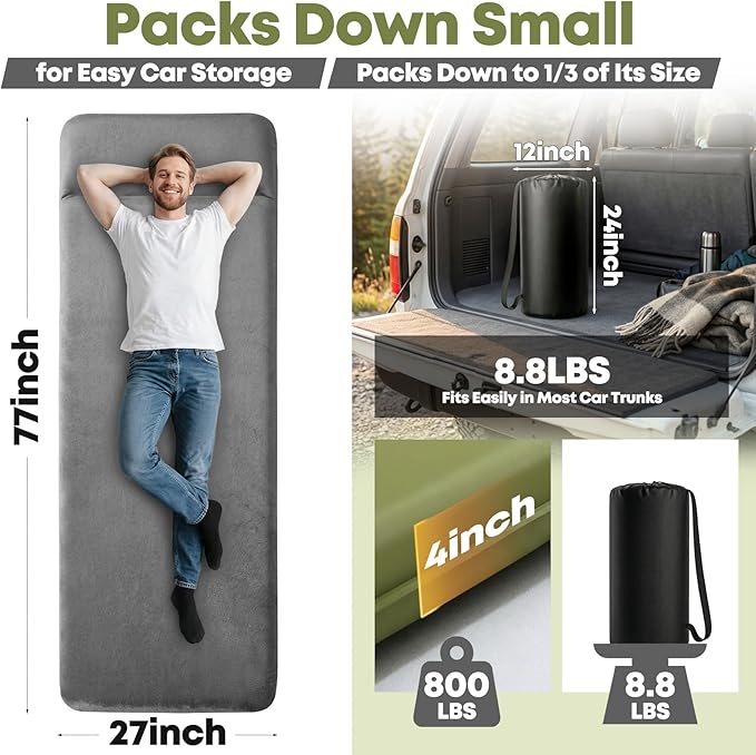 Self Inflating Sleeping Pad with Electric Pump, 4" Ultra-Thick Memory Foam Camping Pad, 4 Season Camping Mattress Pad with Removable Cover, Camping Essentials Gear for Tent Travel Car
