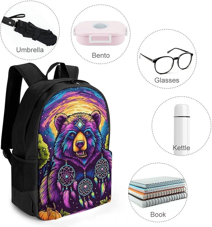 Lightweight Rucksacks for Camping Picnic Walking Cycling, Large Capacity Multipurpose Anti-Theft Carry On Bag, Bear Natural Landscape Psychedelic Mysterious Dreamy Art Travel Hiking Camping Rucksack
