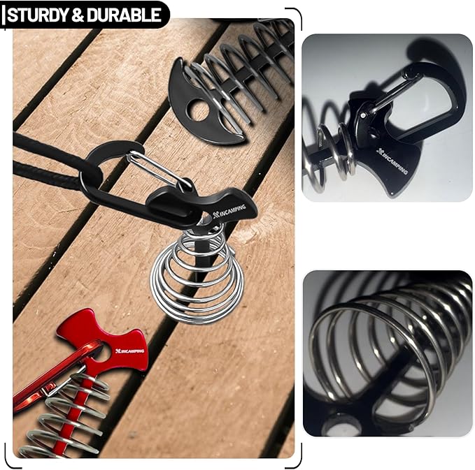 Deck Anchors with Carabiners XINCAMPING 12pcs Aluminum Deck Tie Down Anchor, Fishbone Stake Tent Stakes,Windproof Rope Tighteners & Adjusters for Tents, Canopies, Camping Furniture Black