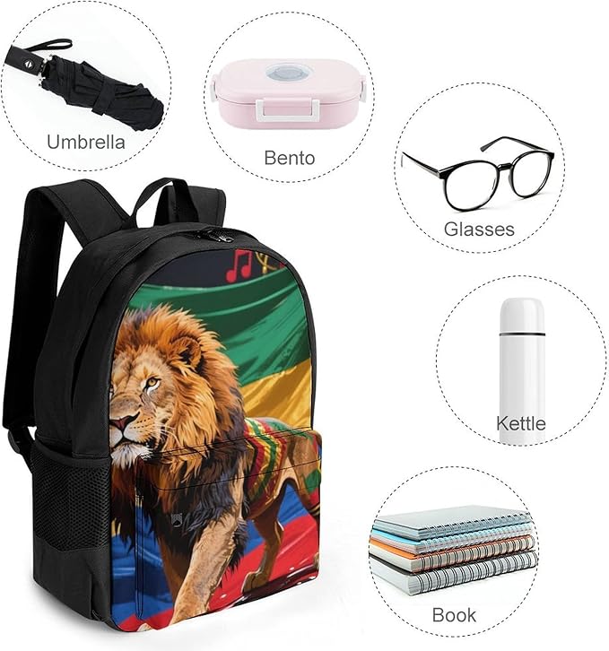 Rucksack Polyester Anti-Theft Multipurpose Jamaican Rasta Flag Rastafarian Reggae Lion Art Bookbag Big Capacity Travel and Sport Backpack Rucksack With Side Pockets