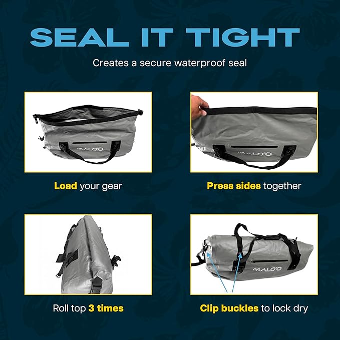 Malo’o Waterproof Dry Duffel, Heavy-Duty Roll Top Waterproof Gear Bag with Shoulder Strap & Molle Loops, Marine Duffel for Kayaking, Boating, Camping, Beach & Travel, Grey, 100L