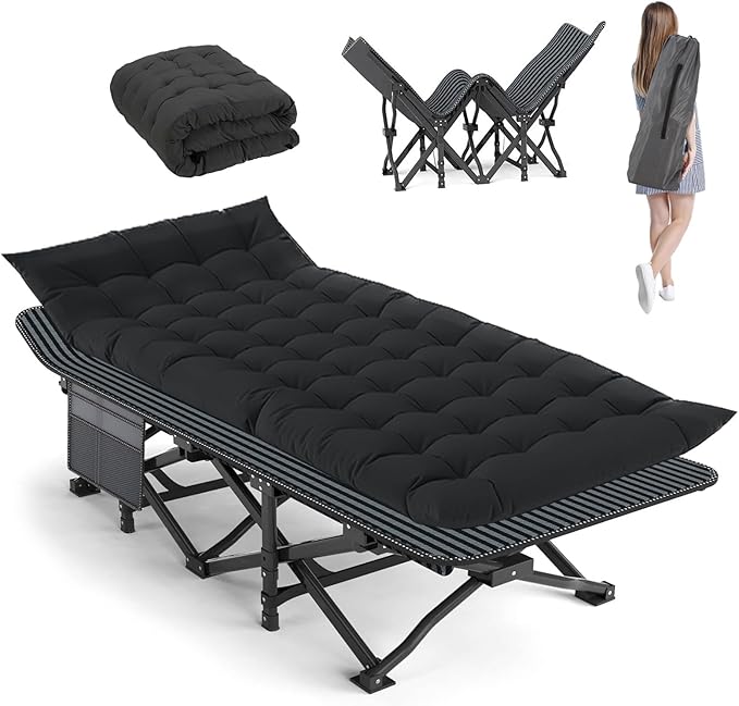 Camping Cot, Extra Wide with Thick Mattress, Folding Oversized XL 75" L x 28" W x 15" H Heavy Duty Sleeping Bed for Adult
