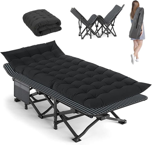 Camping Cot, Extra Wide with Thick Mattress, Folding Oversized XL 75" L x 28" W x 15" H Heavy Duty Sleeping Bed for Adult