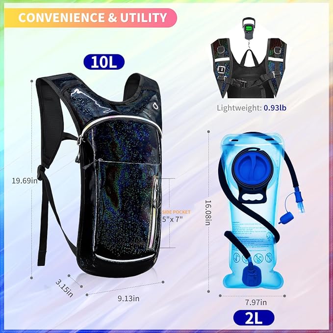 Hydration Backpack, Water Backpack with 2L Hydration Bladder, Rave Backpack Hydration Pack, Festival Essential for Raves, Hiking, Cycling, Climbing, Running, Outdoor, Camping and More