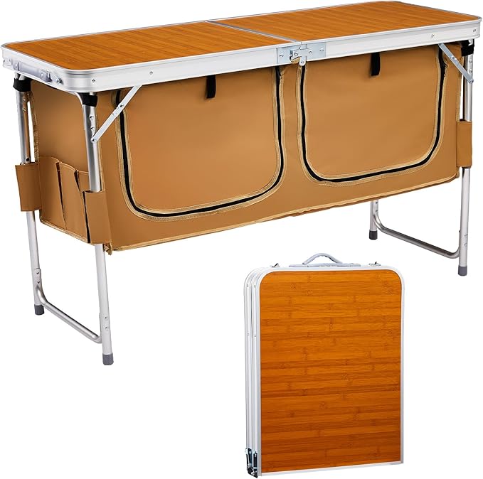 Outvita Folding Table, 4FT Aluminum Camping Table with Large Storage Space and Adjustable Height Picnic Table Lightweight for Carring Outdoor Party Events Beach