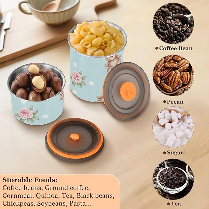 Bear and Rose Food Storage Containers Reusable Stainless Steel Containers with Lids Storage 900ML Jars for Cereal, Dry Food, Coffee
