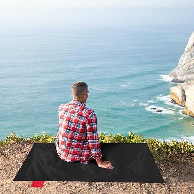 Odoland Beach Blanket Picnic Blanket, 43.3" x 27.5" SandProof Waterproof Outdoor Pocket Blanket with Portable Bag, Foldable Lightweight Sand Free Beach Mat for 1 People Hiking, Camping, Travel, Black