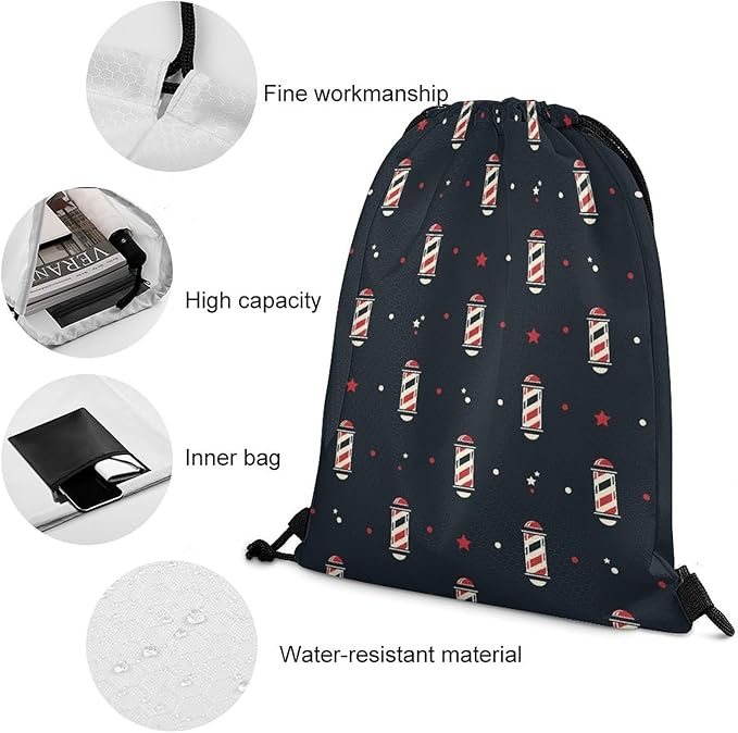 Large Capacity Beam Bag Drawstring Backpack for Volleyball Baseball Sports Workout Gear Travel Storage Men Women, Vintage Barber Pole Flag Bags