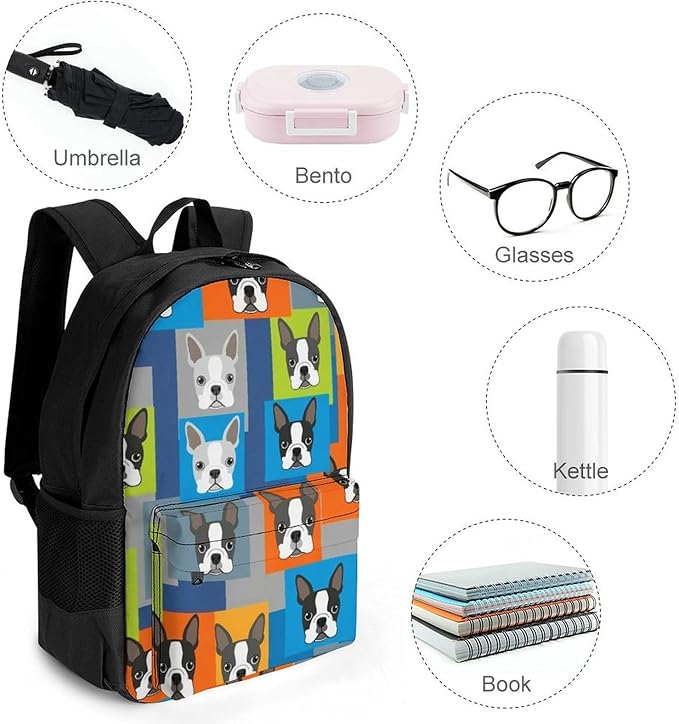 Rucksacks Lightweight Multipurpose Anti-Theft Boston Terrier Dogs Cartoon Shoulder Bag Big Capacity Traveling Camping Backpack With Side Pockets