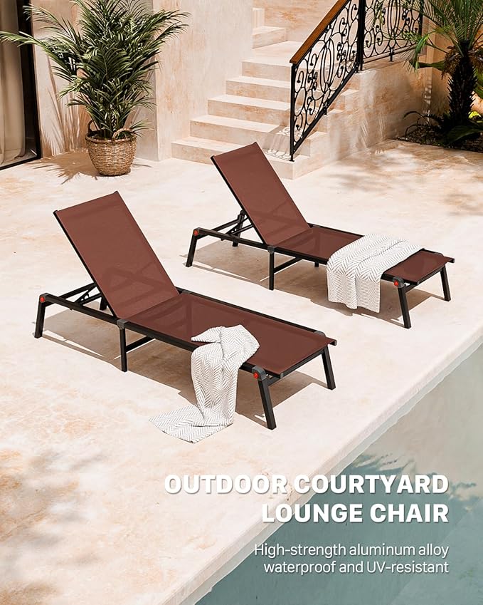 Aluminum Patio Chaise Lounge Chair Set of 2 with Side Table,5-Position Adjustable Backrest,Foldable Lounge Chair Outdoor,Pool Lounge Chairs for Poolside,Lawn,Deck,Beach (Brown, 2 Pack+Table)