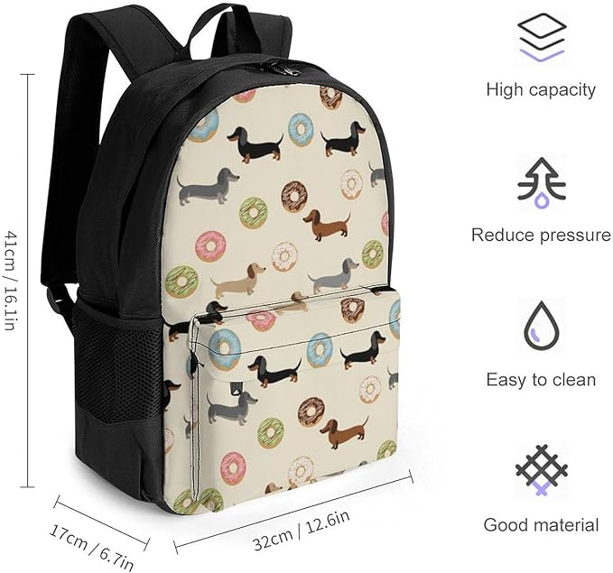 Polyester Daypack Bookbag for Gym Business Bicycle, Large Capacity Multipurpose Anti-Theft Carry On Bag, Dachshund Dog Donuts Cute Doxie Travel Hiking Daypack
