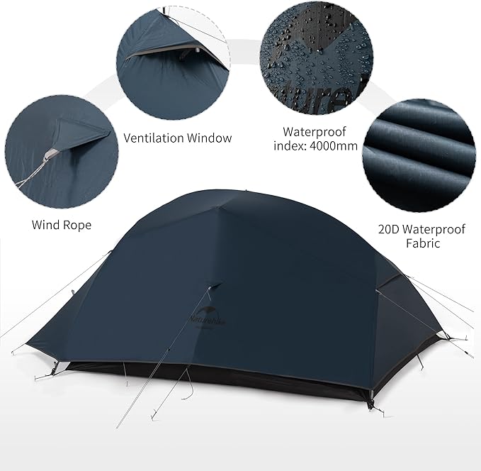 Naturehike Cloud-Up 3 Person Lightweight Backpacking Tent with Footprint - 3 Season Free Standing Dome Camping Hiking Waterproof Backpack Tents