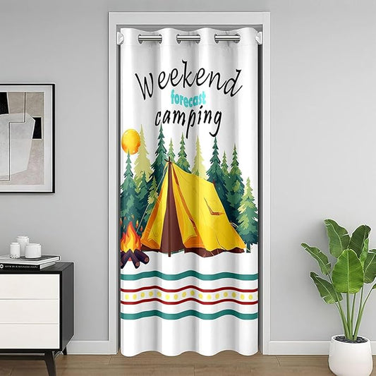 Happy Camping Adventure Door Curtain,Tent Bonfire Campfire Pine Nature Blackout Curtain,RV Camper Trailer Summer Bedroom Doorway Living Room Decor,Rustic Green Privacy Door Drape 1 Panel,34" W X 80" L