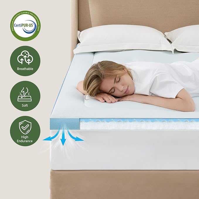 Hansleep RV Short Queen Mattress Pad Topper Memorry Foam, Camping Queen Foam Mattress Topper Viscose Derived from Bamboo, RV Mattress Pad Cover for Back Pain Relief, 60" x 75", White