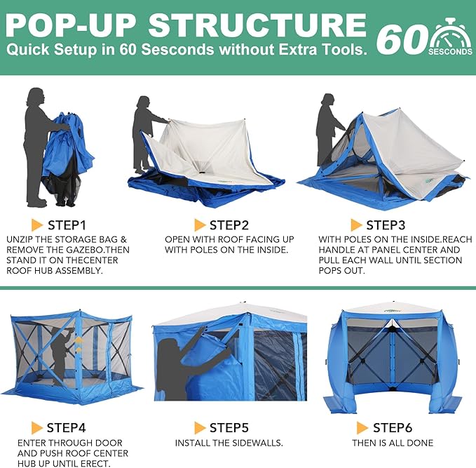 COBIZI 10x10 FT Pop up Gazebo, Popup Canopy tent, Screened In Gazebos with sidewalls, Waterproof Portable Outdoor Small Screen tents Sun Shelter,carpas para patio for Camping, Garden and Backyard,Blue