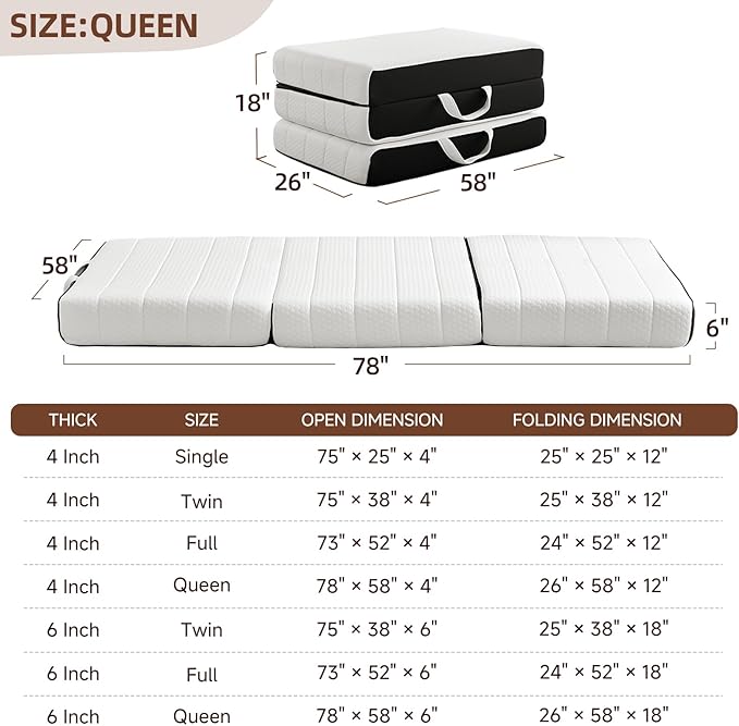 Foldable Mattress, Queen Tri-Fold Memory Foam Mattress Topper with Washable Cover, Handle & Non-Slip Bottom, 6 Inch Portable Folding Bed for Guest, Yoga, Living Room, Camping - 78"x58"x6"