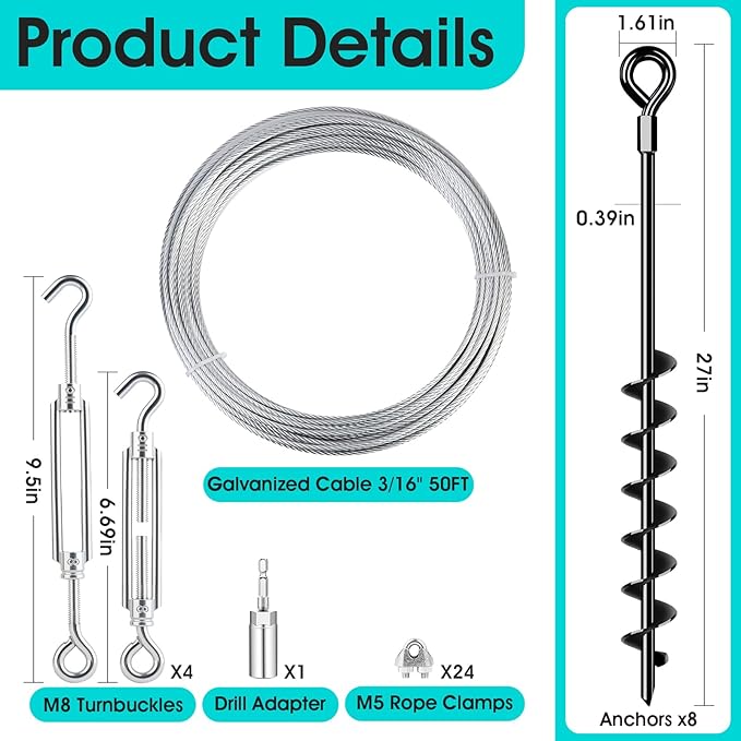 27" Ground Anchors Heavy Duty Shed Anchors Kit, Mobile Home Anchor with 3/16" Galvanized Cable and Turnbuckles for Sheds Canopy Gazebo Trampoline Swing Set(8x27in)