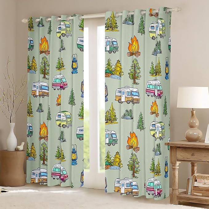 Feelyou Vintage Green Camper Curtains for Bedroom Living Room Rustic Camping Trailer Blackout Shades Happy Camping Room Darkening Curtain Window Treatments, 2 Panels 52 x 90 Inch Decor