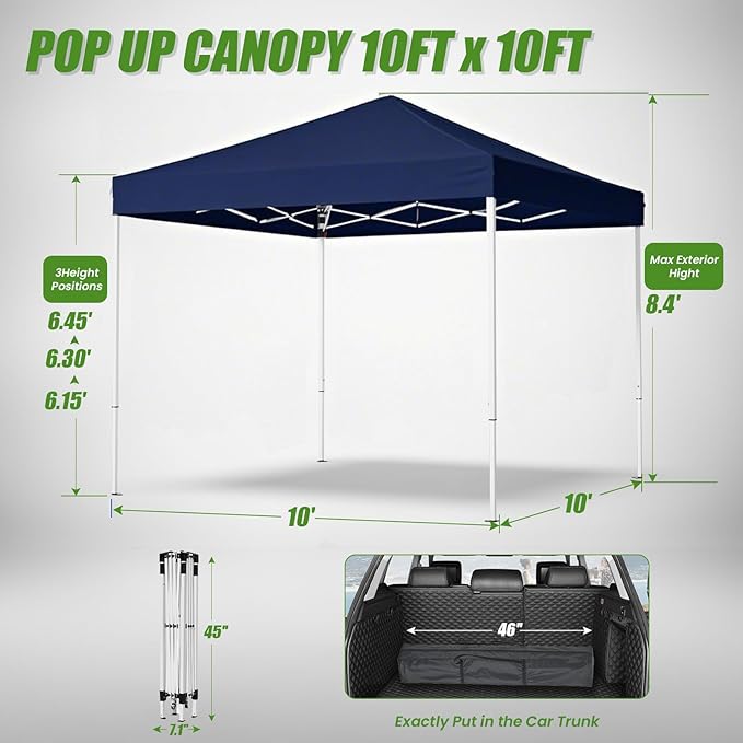 Shades 10x10 Pop Up Canopy,Heavy Duty Beach Tent with Carrying Bag for Easy Moving,Sun Shelter for Parties,Events,Camping,Outdoor Gazebo with 420D PU Coated Waterproof Navy Blue Fabric,4 Sandbags