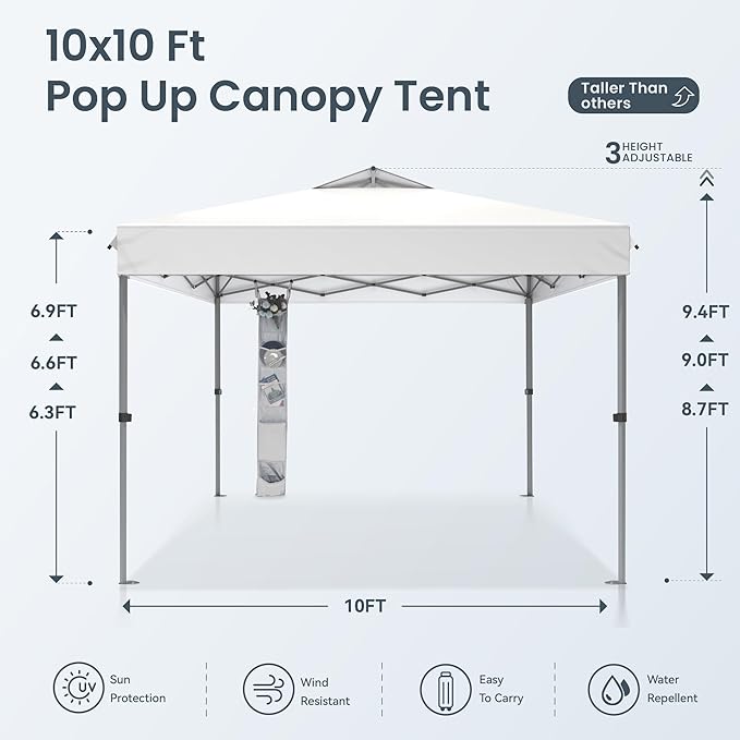 PHI VILLA 10’x10’ Pop Up Canopy Tent - One Push Setup, Instant Shade Tent with Vented Roof for Beach & Events - Includes Storage Bag, Sandbags, Stakes & Ropes (White)